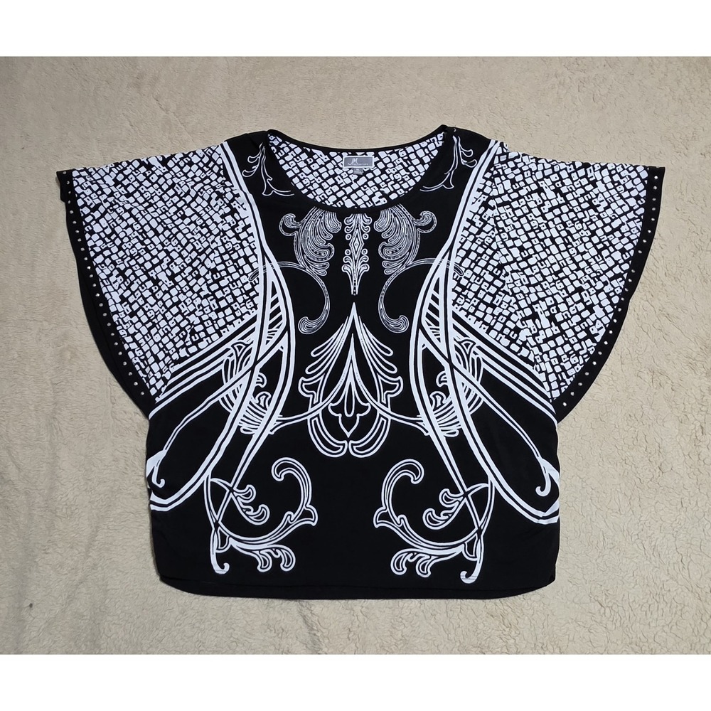 JM Collection Black and White Rhinestone Embellished Kimono Sleeve Top XL